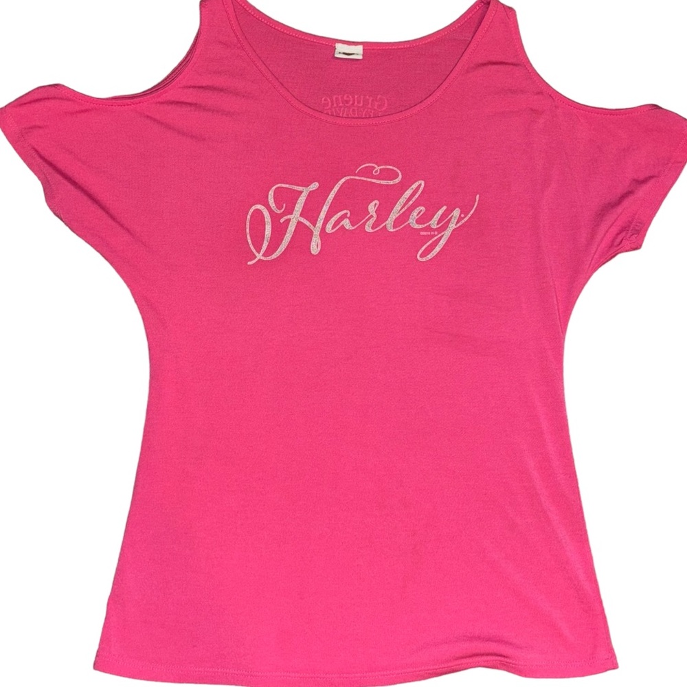 HARLEY DAVIDSON Cold Shoulder Cut Out Shoulder Short Sleeve Pink Tee Shirt Small